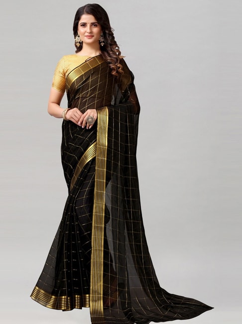 Satrani Black Chequered Saree With Unstitched Blouse Price in India