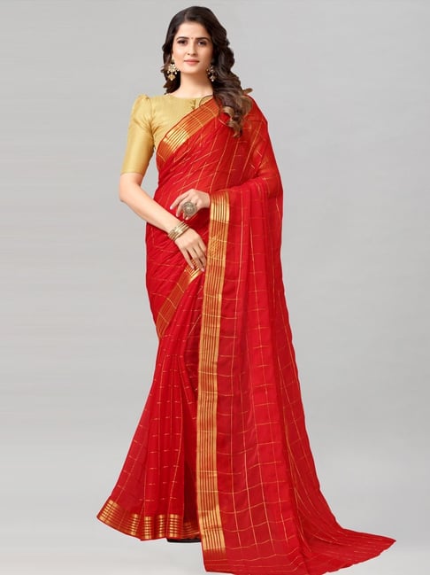 Satrani Red Chequered Saree With Unstitched Blouse Price in India