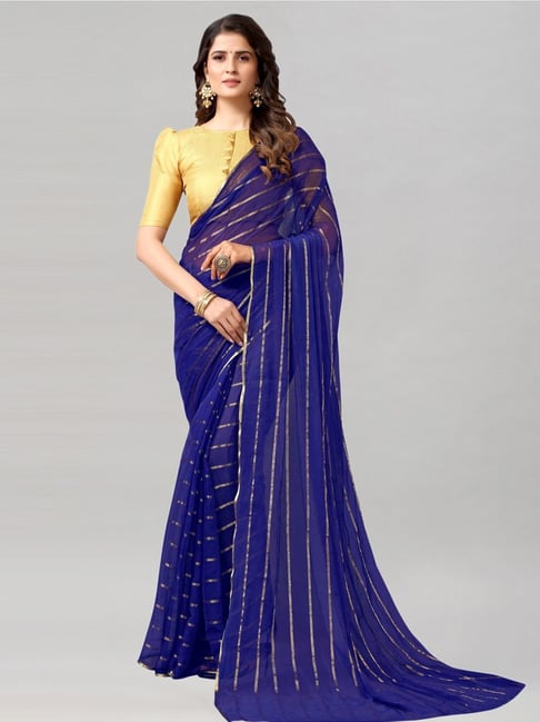 Satrani Blue Striped Saree With Unstitched Blouse Price in India