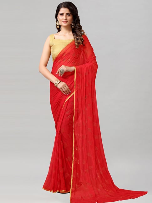 Satrani Red Embellished Saree With Unstitched Blouse Price in India