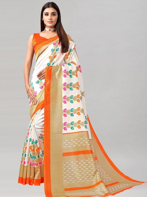 Satrani White Printed Saree With Unstitched Blouse Price in India