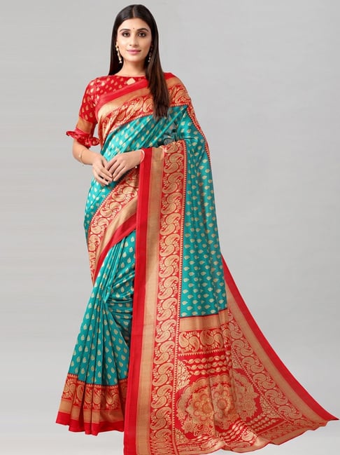 Satrani Rama Green Printed Saree With Unstitched Blouse Price in India