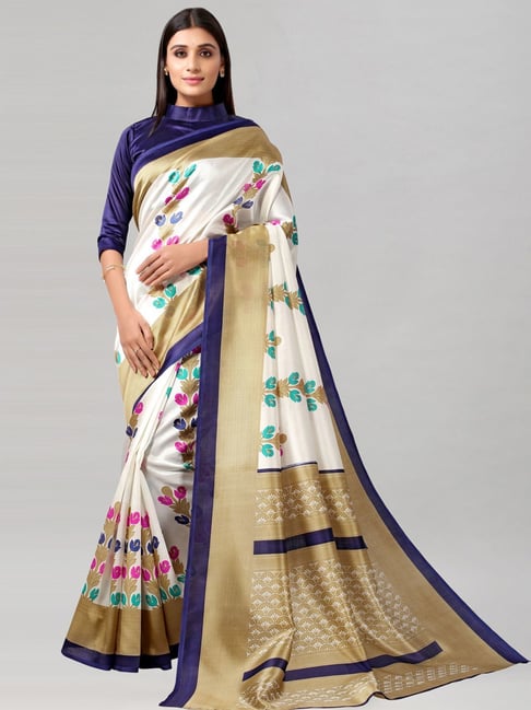 Satrani White Printed Saree With Unstitched Blouse Price in India