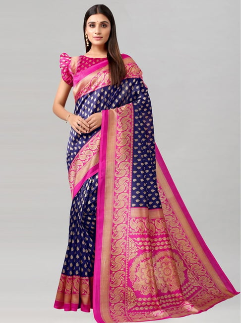 Satrani Navy Printed Saree With Unstitched Blouse Price in India