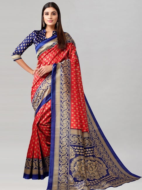 Satrani Red Printed Saree With Unstitched Blouse Price in India