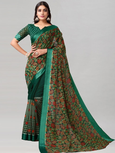 Satrani Green Paisley Print Saree With Unstitched Blouse Price in India