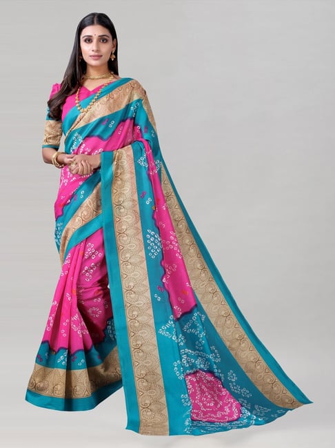 Satrani Pink & Sky Blue Bandhani Print Saree With Unstitched Blouse Price in India