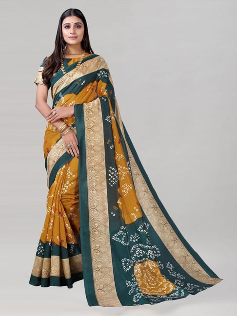 Satrani Mustard & Green Bandhani Print Saree With Unstitched Blouse Price in India