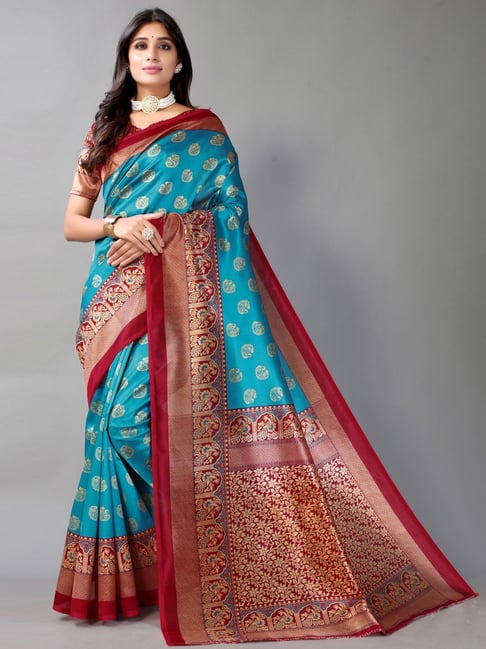 Satrani Teal Blue Woven Saree With Unstitched Blouse Price in India