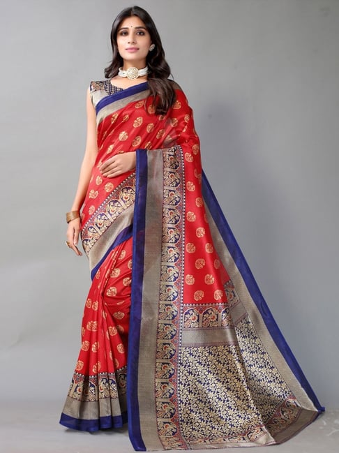 Satrani Red Woven Saree With Unstitched Blouse Price in India