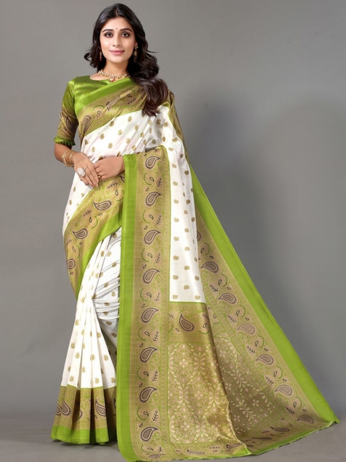Satrani White & Green Paisley Print Saree With Unstitched Blouse Price in India
