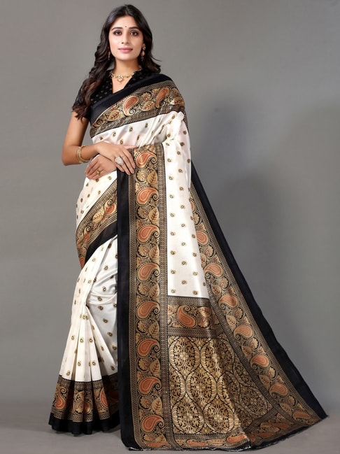 Satrani White & Black Paisley Print Saree With Unstitched Blouse Price in India