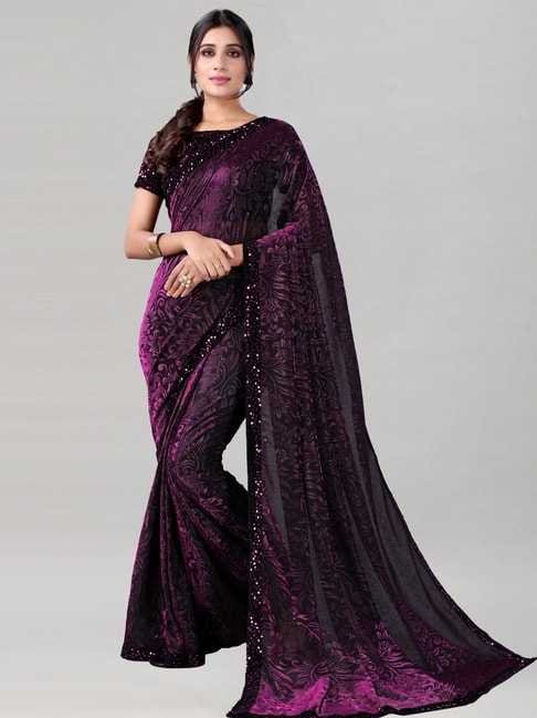Satrani Purple Embellished Saree With Unstitched Blouse Price in India