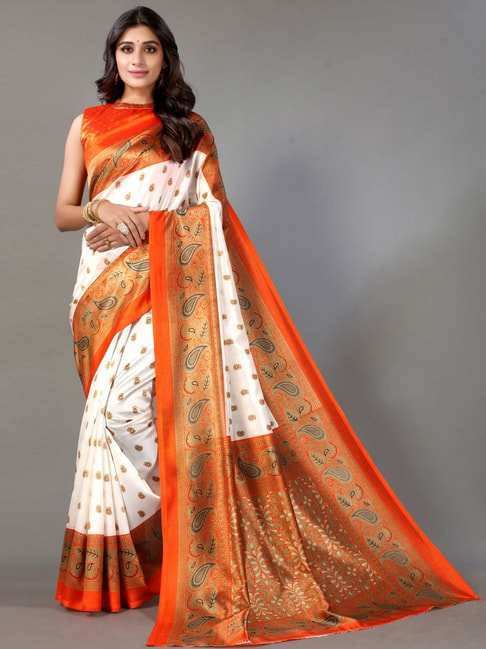 Satrani White & Orange Paisley Print Saree With Unstitched Blouse Price in India