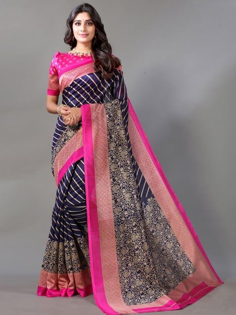 Satrani Navy Striped Saree With Unstitched Blouse Price in India