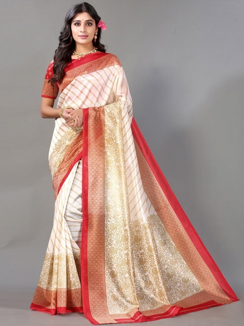 Satrani Off-White Striped Saree With Unstitched Blouse Price in India
