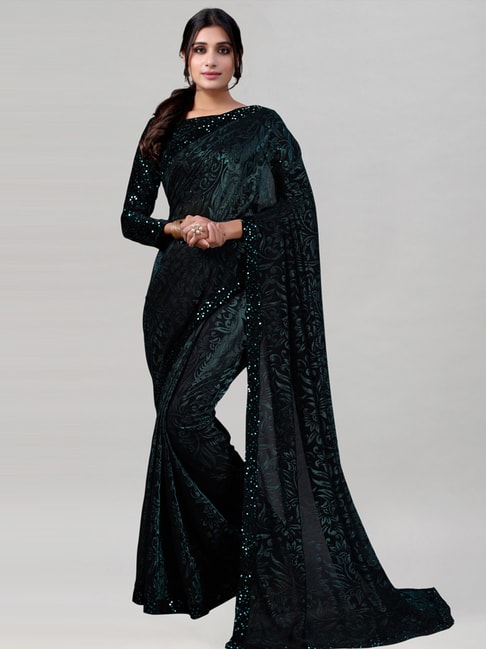Satrani Green & Black Embellished Saree With Unstitched Blouse Price in India