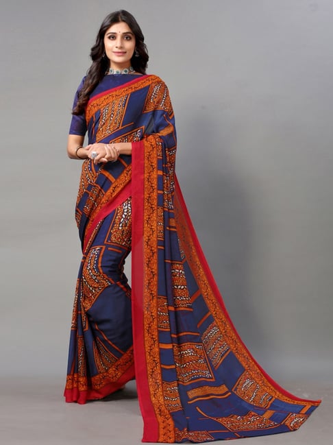 Satrani Navy Printed Saree With Unstitched Blouse Price in India