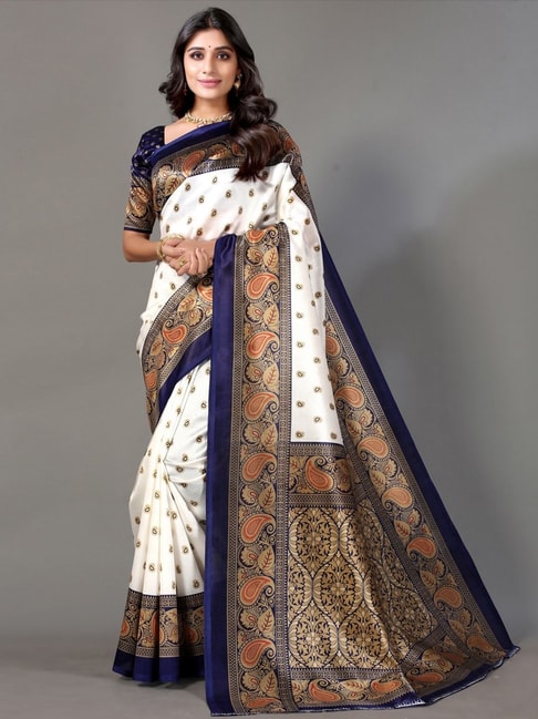 Satrani White & Navy Paisley Print Saree With Unstitched Blouse Price in India