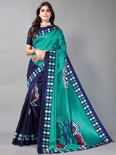 Satrani Green & Navy Printed Saree With Unstitched Blouse Price in India