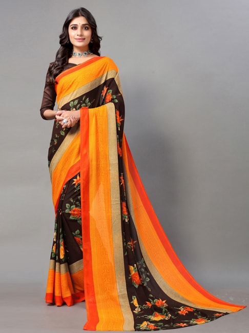 Satrani Brown Floral Print Saree With Unstitched Blouse Price in India
