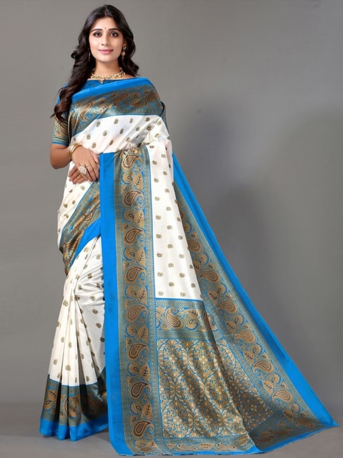 Satrani White & Blue Paisley Print Saree With Unstitched Blouse Price in India