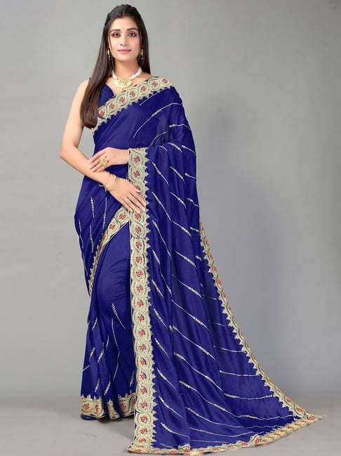 Satrani Royal Blue Embroidered Saree With Unstitched Blouse Price in India