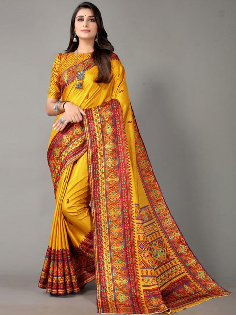 Satrani Yellow Printed Saree With Unstitched Blouse Price in India