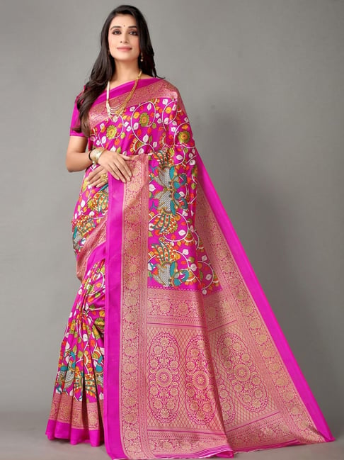 Satrani Rani Pink Printed Saree With Unstitched Blouse Price in India