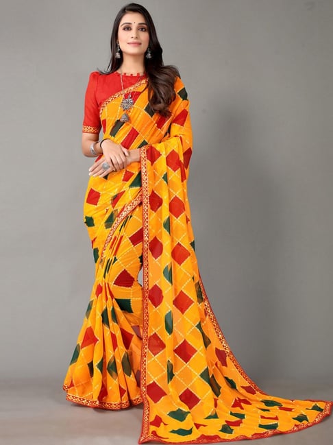 Satrani Yellow Chequered Saree With Unstitched Blouse Price in India