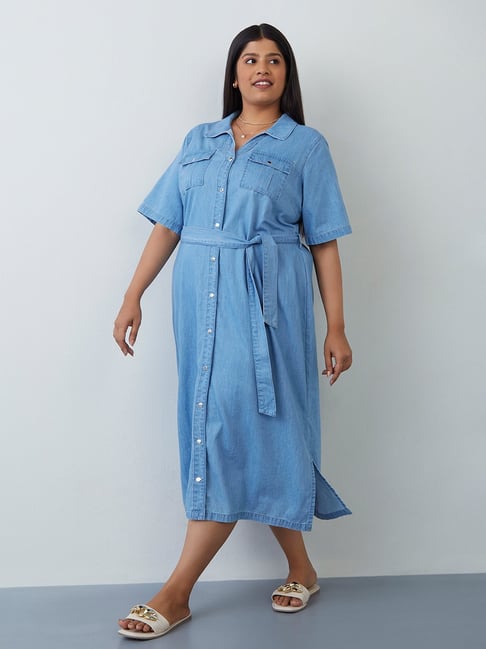 Gia Curves by Westside Light Blue Chambray Dress With Belt