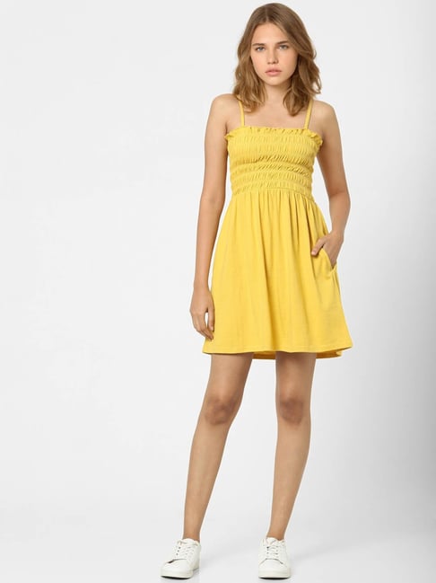 Only Yellow Textured Fit & Flare Dress Price in India