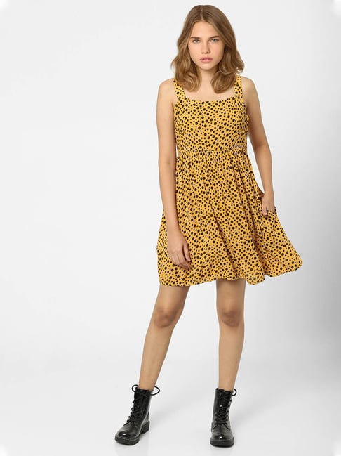 Only Mustard & Black Printed A Line Dress Price in India