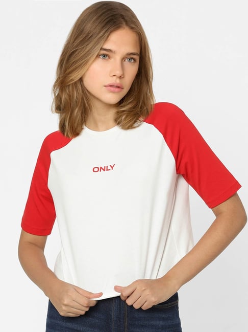 Buy Only White Red Regular Fit Crop T-shirt for Women Online