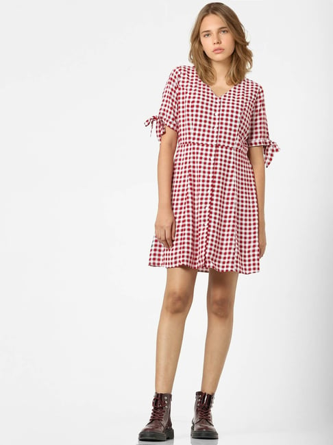 Only Red & White Checks A Line Dress Price in India