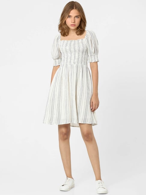 Only White & Grey Striped Fit & Flare Dress Price in India