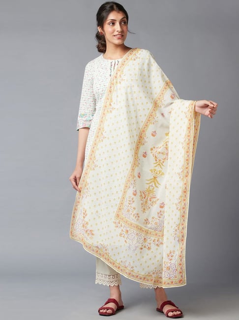 W Off-White Cotton Printed Dupatta