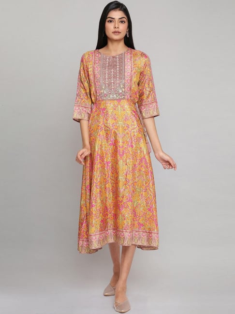 W Yellow & Pink Embroidered A-Line Dress Price in India