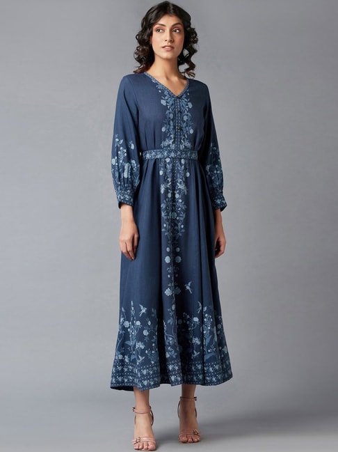 W Navy Floral Print Maxi Dress Price in India