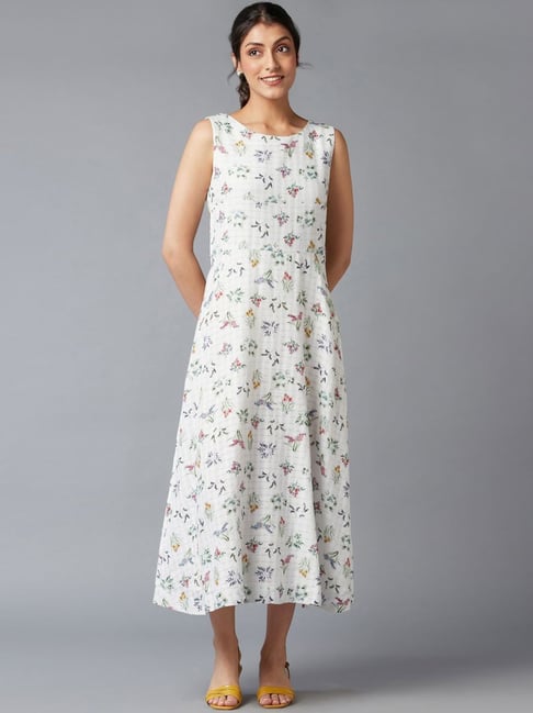 W White Cotton Floral Print Maxi Dress Price in India
