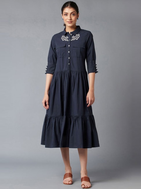 W Blue Cotton Embroidered A-Line Dress Price in India