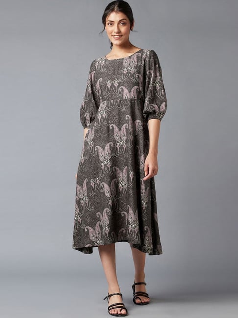 W Brown Paisley Print A-Line Dress Price in India