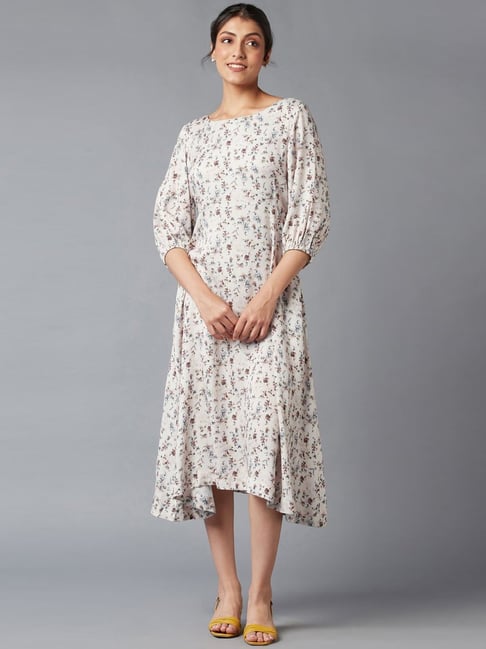 W Beige Floral Print A-Line Dress Price in India