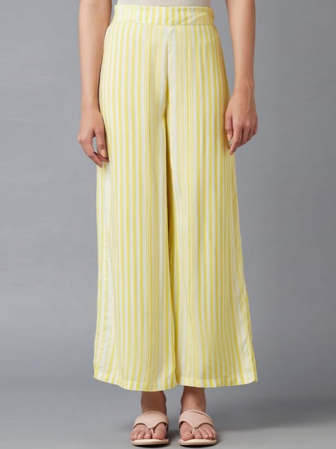 Women Beige  OffWhite Loose Fit Striped Cotton Parallel Trousers
