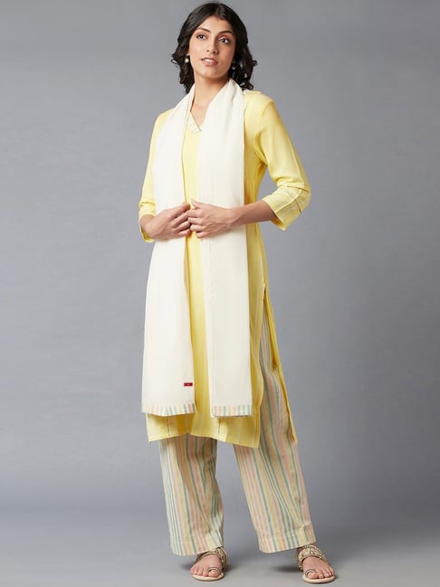 W Yellow Geometric Print Kurta Pant Set With Dupatta