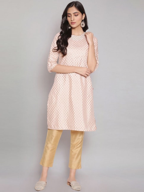 W Pink Embroidered Straight Kurta Price in India
