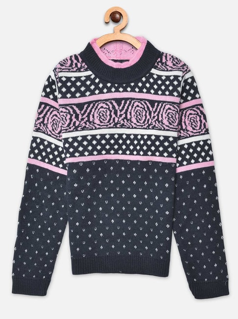 Crimsoune Club Kids Navy & Pink Printed Sweaters