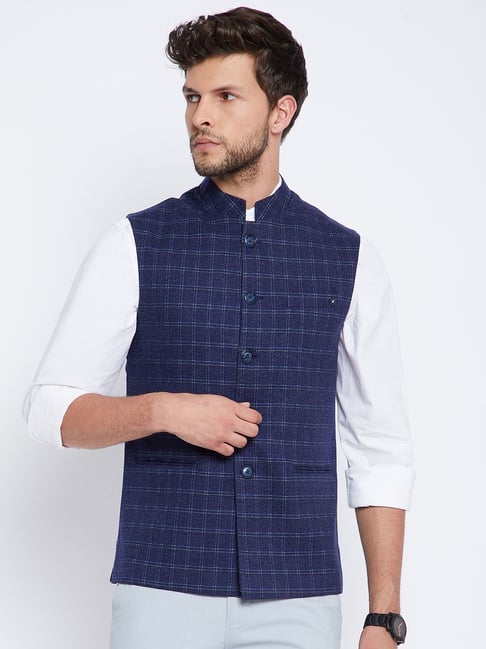 Crimsoune Club Navy Slim Fit Checks Nehru Jacket-picture-41