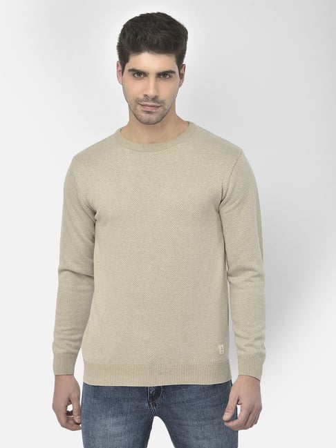 Crimsoune Club Beige Cotton Regular Fit Self Pattern Sweater