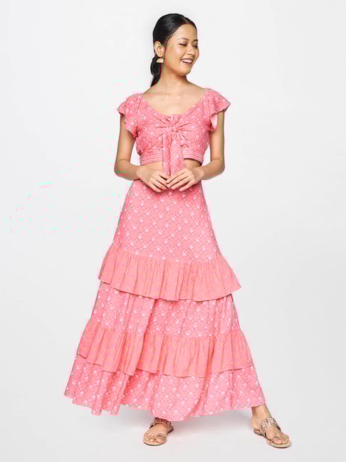 Global Desi Pink Floral Print  Crop Top With Skirt